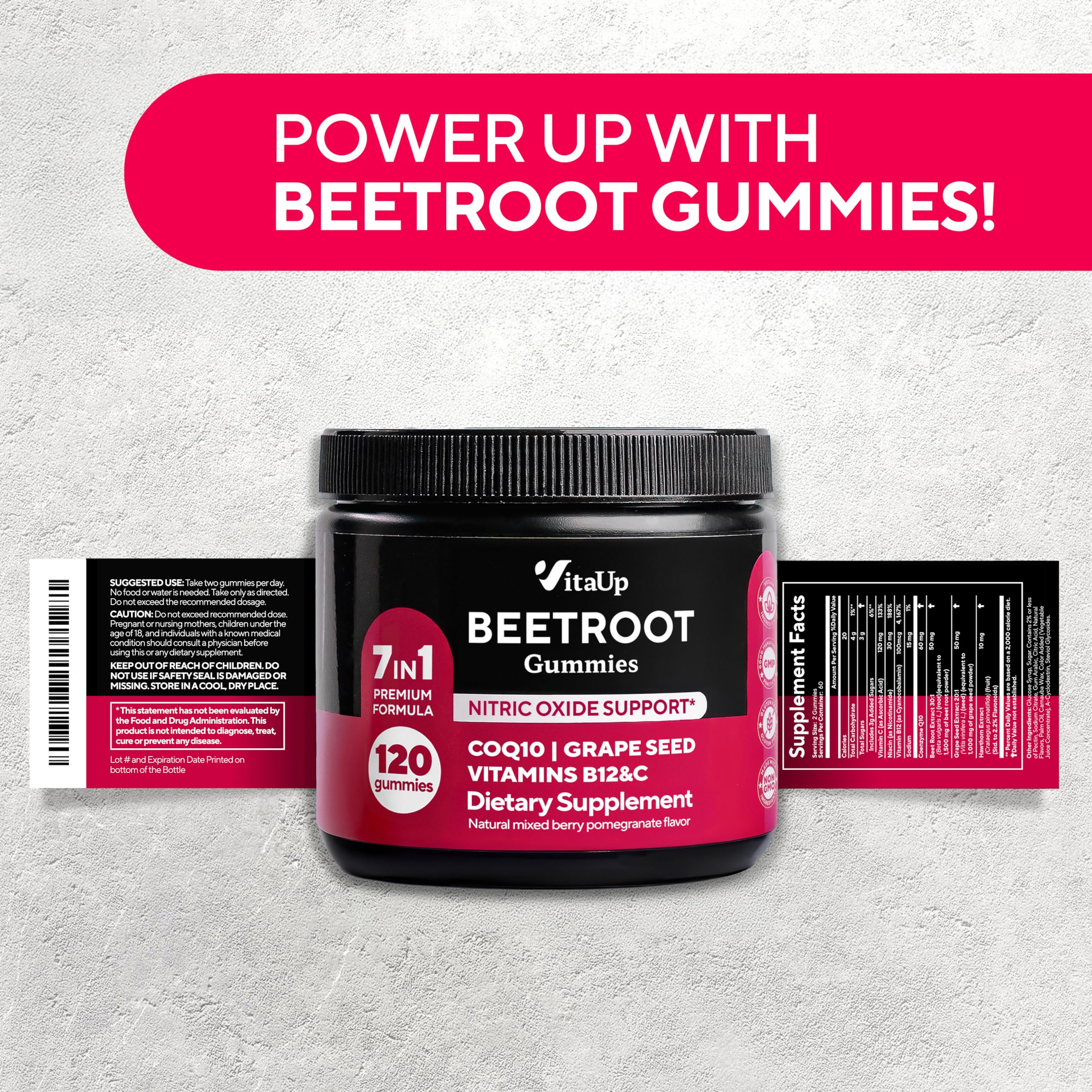 VitaUp Beet Root Gummies ingredient panel near bottle emphasizing gluten-free and non-GMO