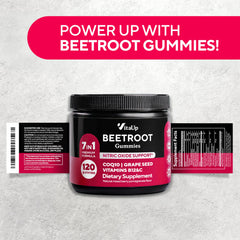 VitaUp Beet Root Gummies ingredient panel near bottle emphasizing gluten-free and non-GMO