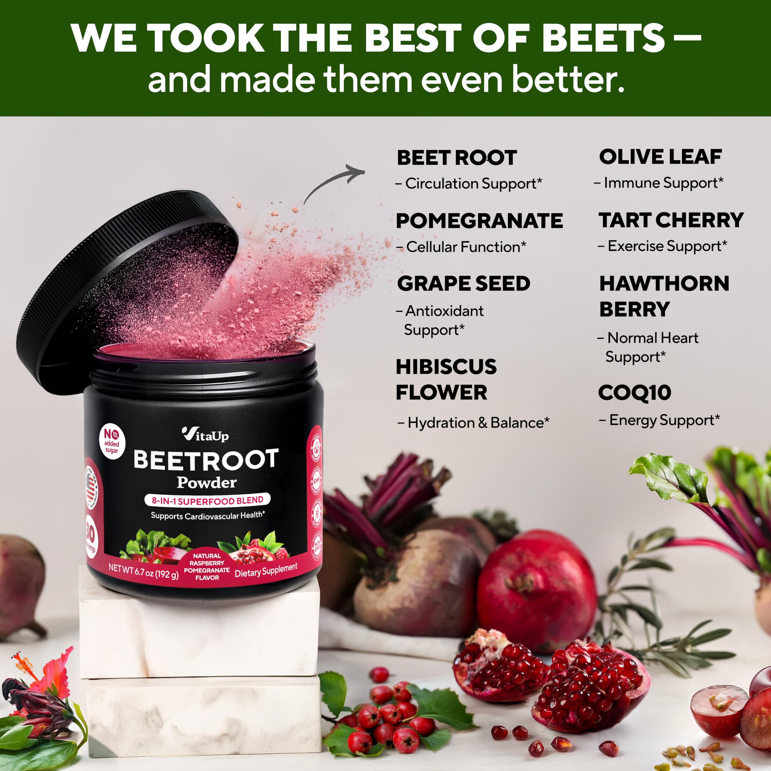 VitaUp Beet Root Powder 8in1 bottle on a desk with premium packaging.