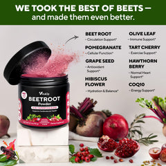 VitaUp Beet Root Powder 8in1 bottle on a desk with premium packaging.