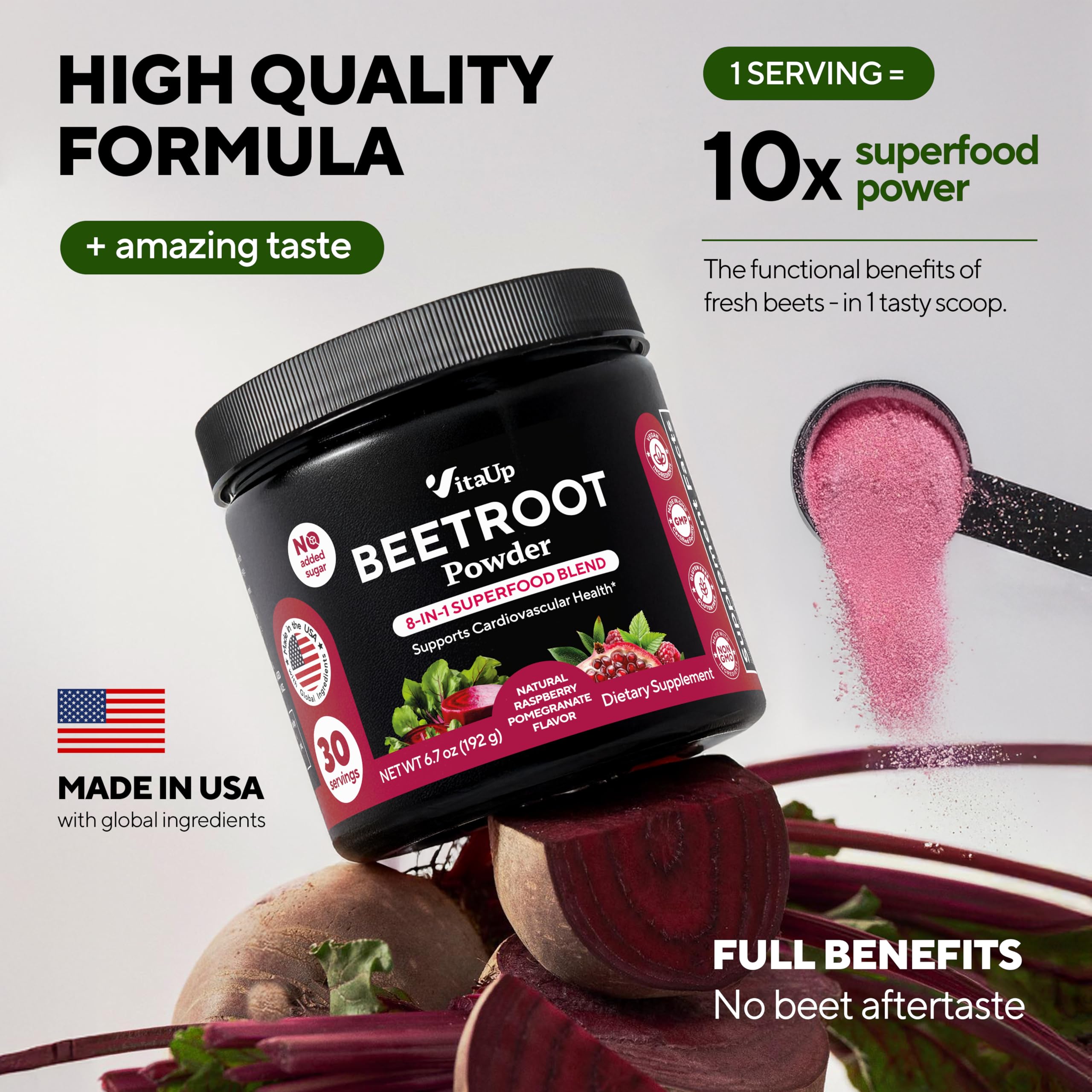 VitaUp Beet Root Powder 8in1 ingredients chart illustrating the 8-in-1 blend.