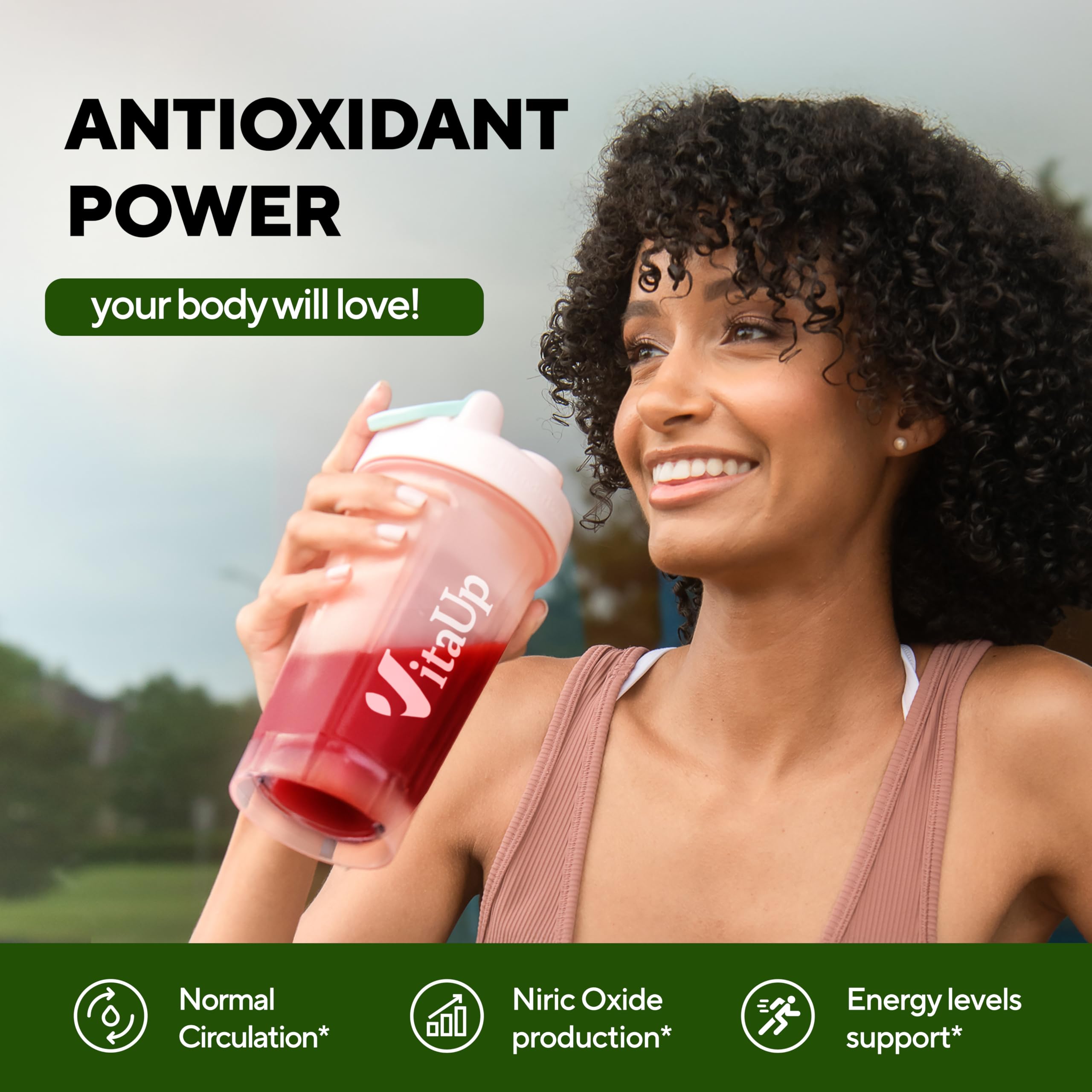 VitaUp Beet Root Powder 8in1 mixed-berry in a glass to show flavor.