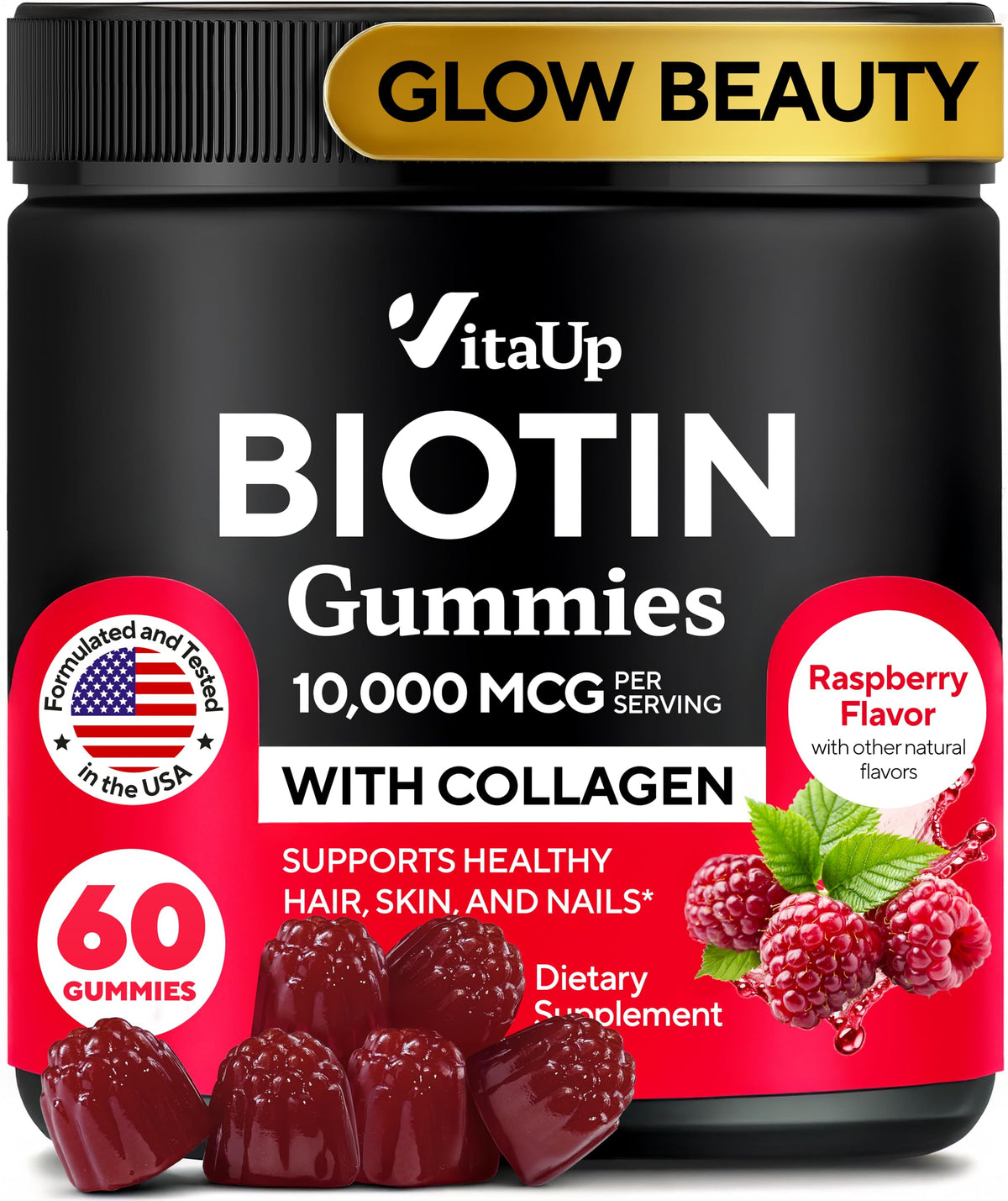VitaUp Biotin Gummies bottle close-up promoting strong hair and nails.