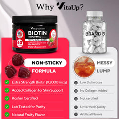 VitaUp Biotin Gummies collagen-enriched formula label focus.