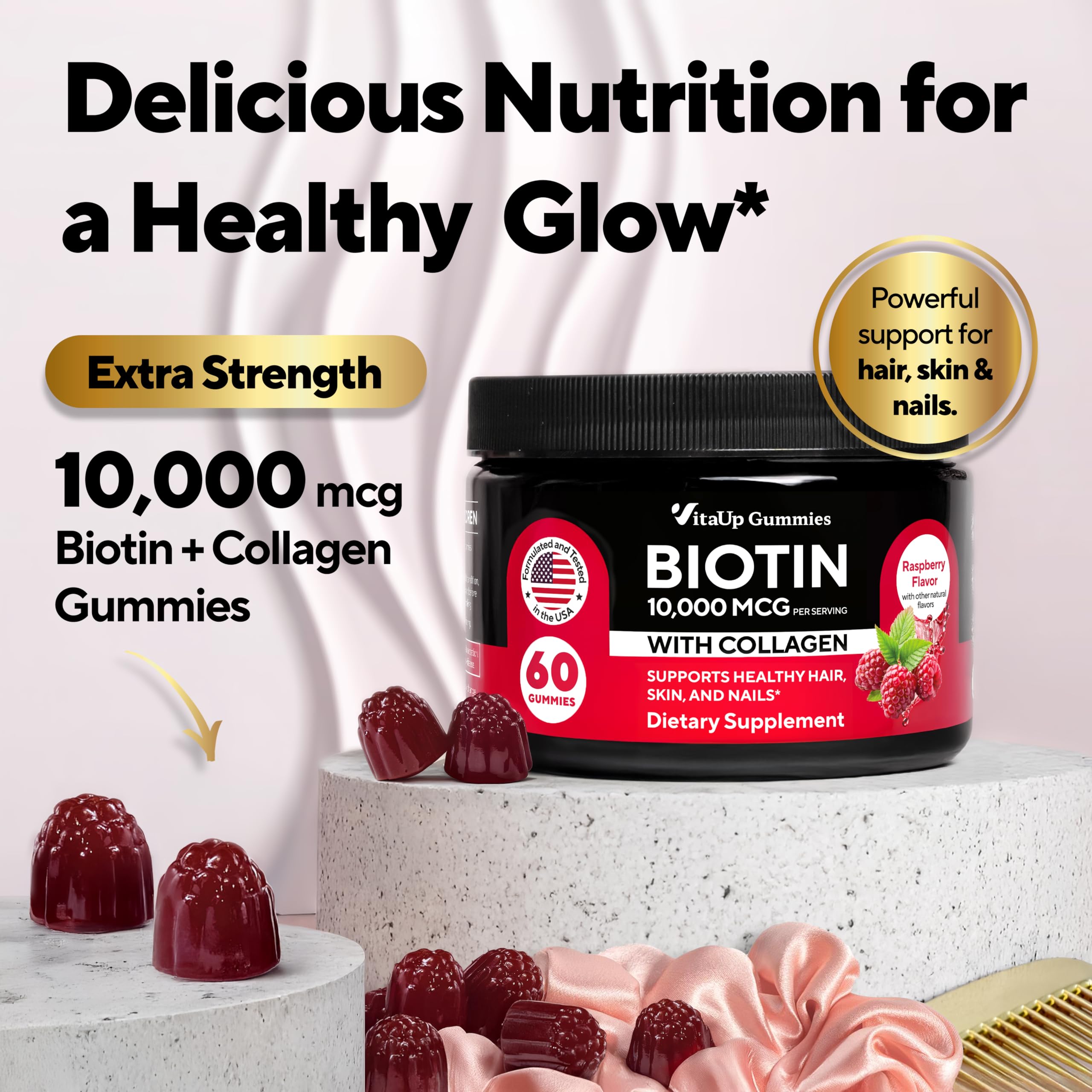 VitaUp Biotin Gummies two-per-day serving illustration showing daily routine.