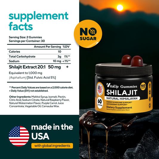 VitaUp Himalayan Shilajit Gummies 60-count bottle highlighting minerals and fulvic acid for vitality.