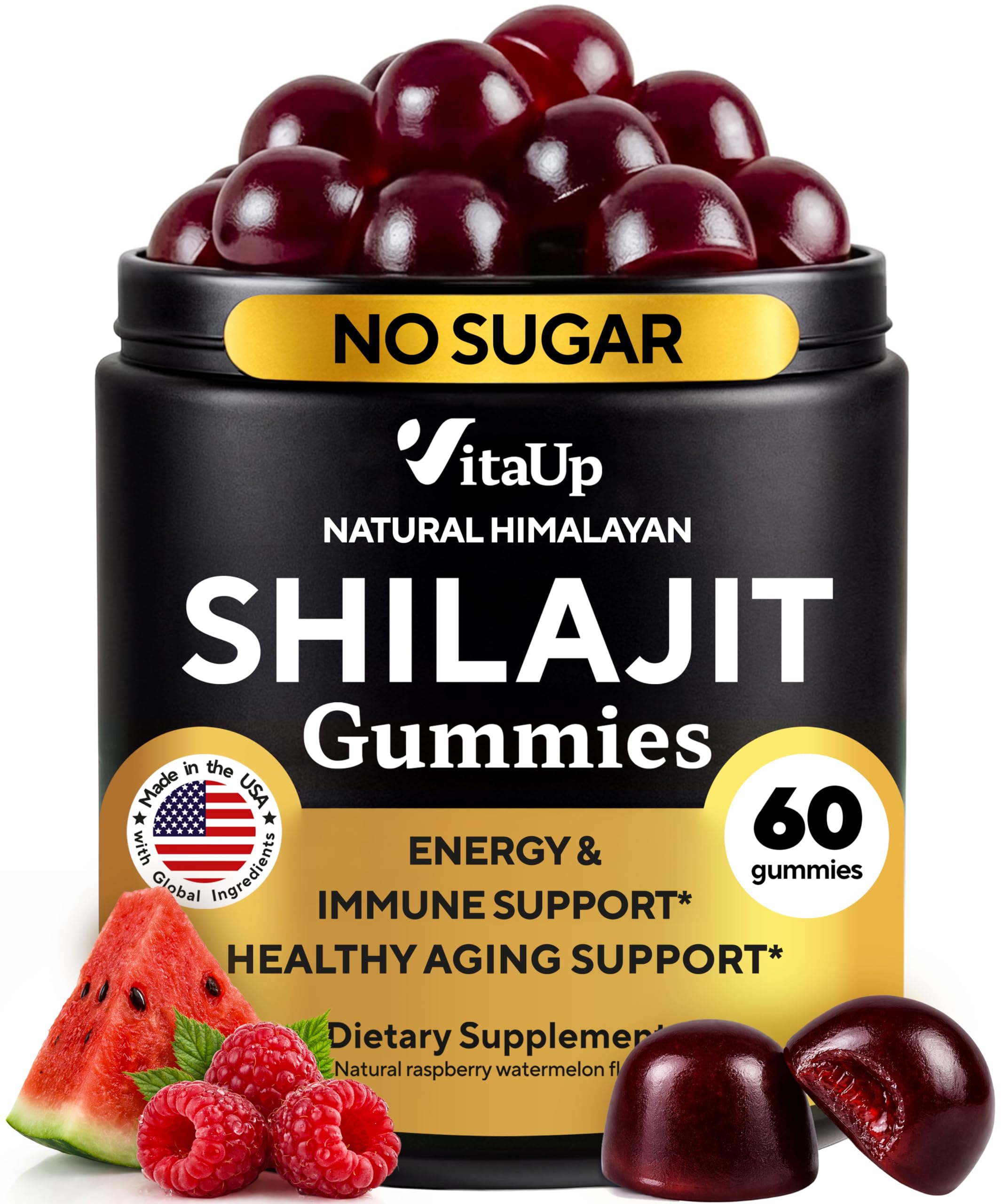 VitaUp Himalayan Shilajit Gummies, raspberry flavor bottle close-up for energy and vitality.