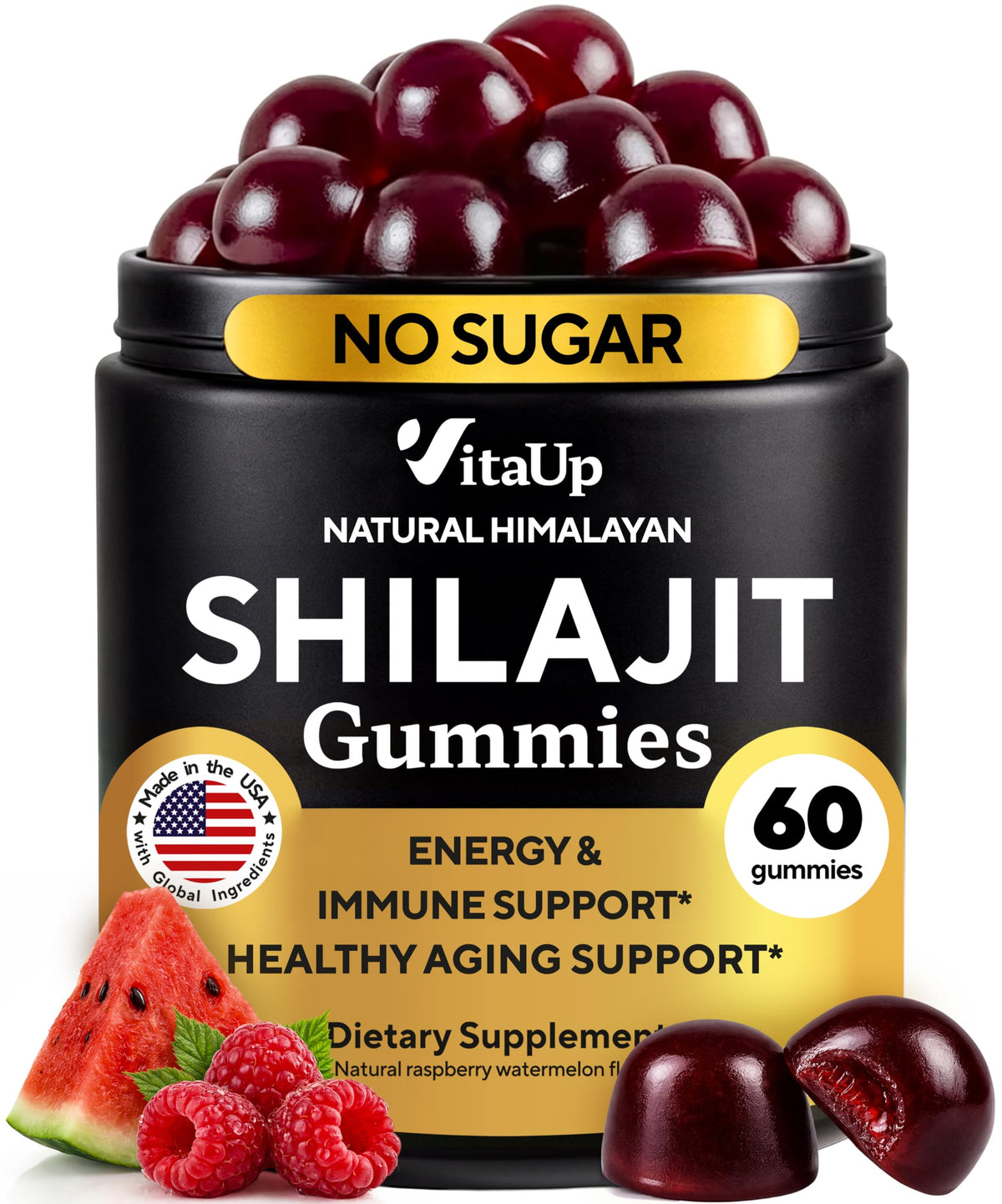 VitaUp Himalayan Shilajit Gummies, raspberry flavor bottle close-up for energy and vitality.