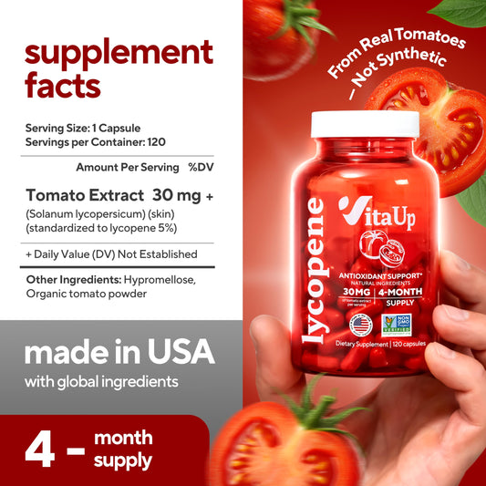 VitaUp Lycopene 30mg tomato extract close-up highlights natural antioxidant content
