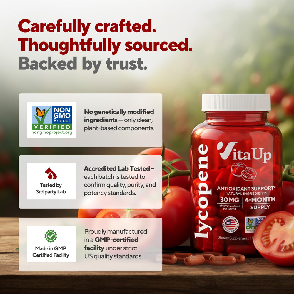 VitaUp Lycopene non-GMO gluten-free label on packaging