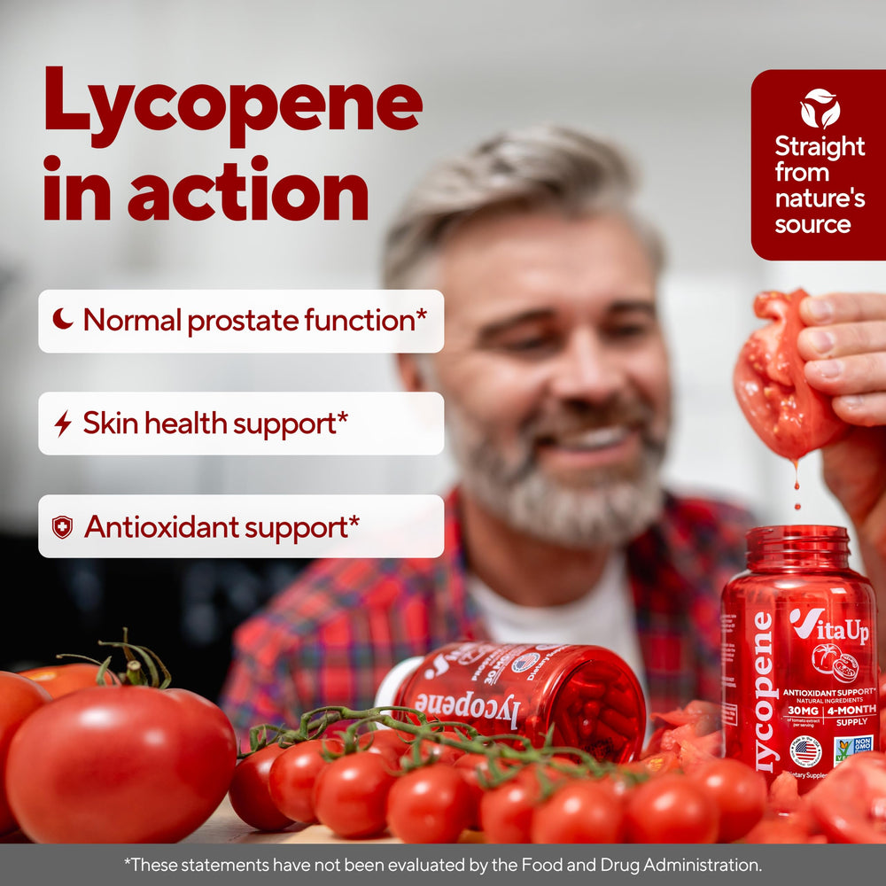 VitaUp Lycopene third-party tested seal on bottle for transparency
