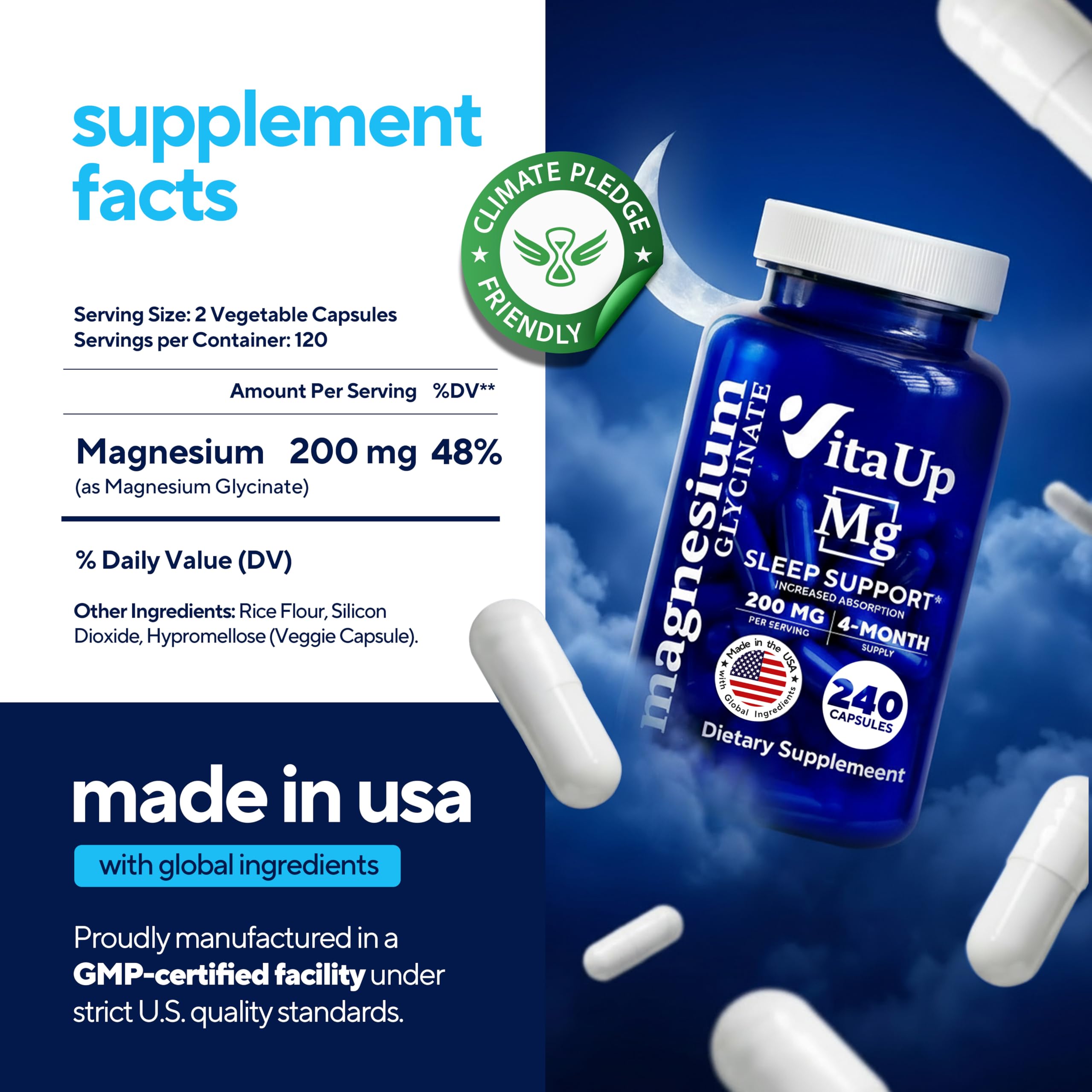VitaUp Magnesium Glycinate capsules close-up emphasizing chelated magnesium for absorption