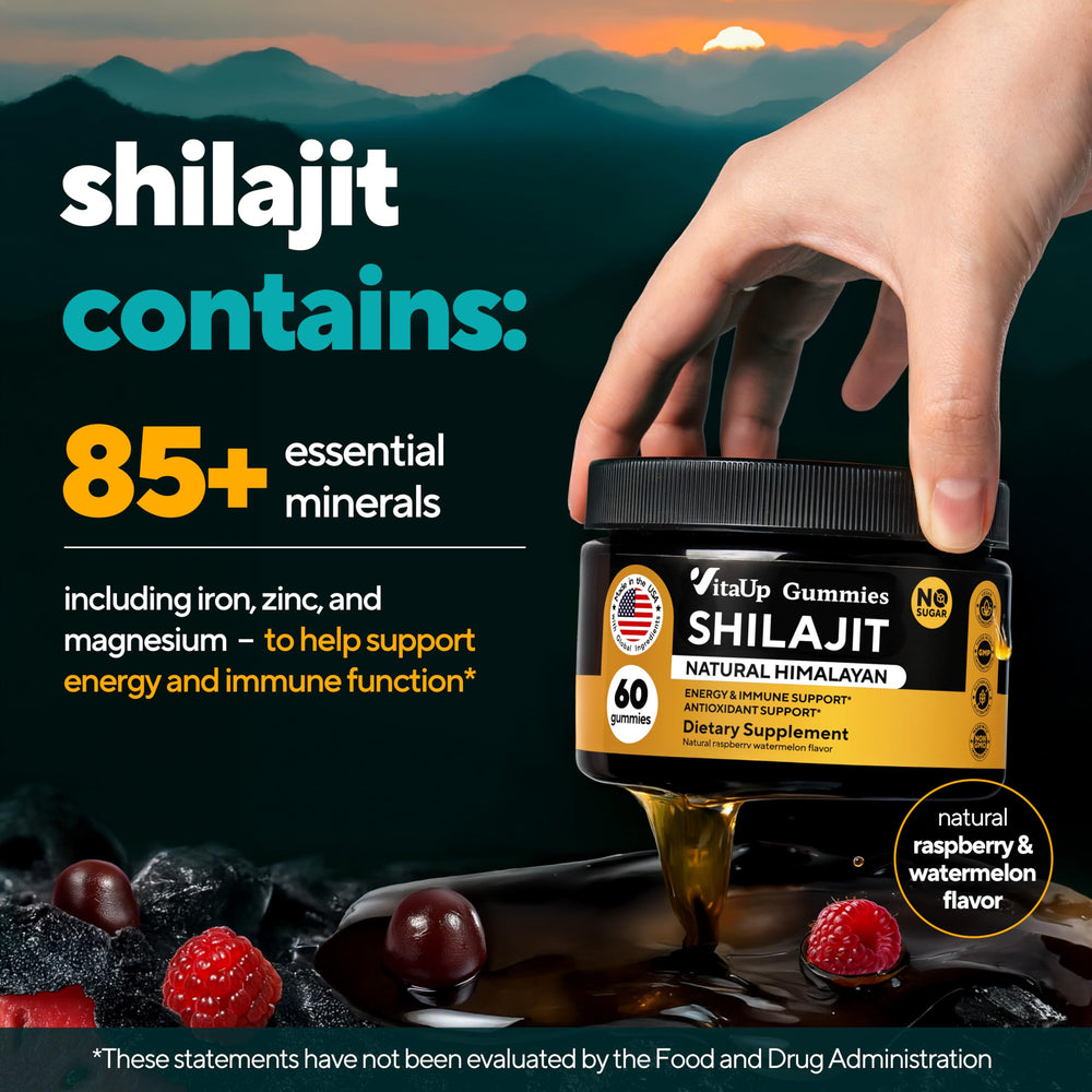 Close-up of VitaUp gummies with packaging emphasizes sugar-free formula and clean ingredients.