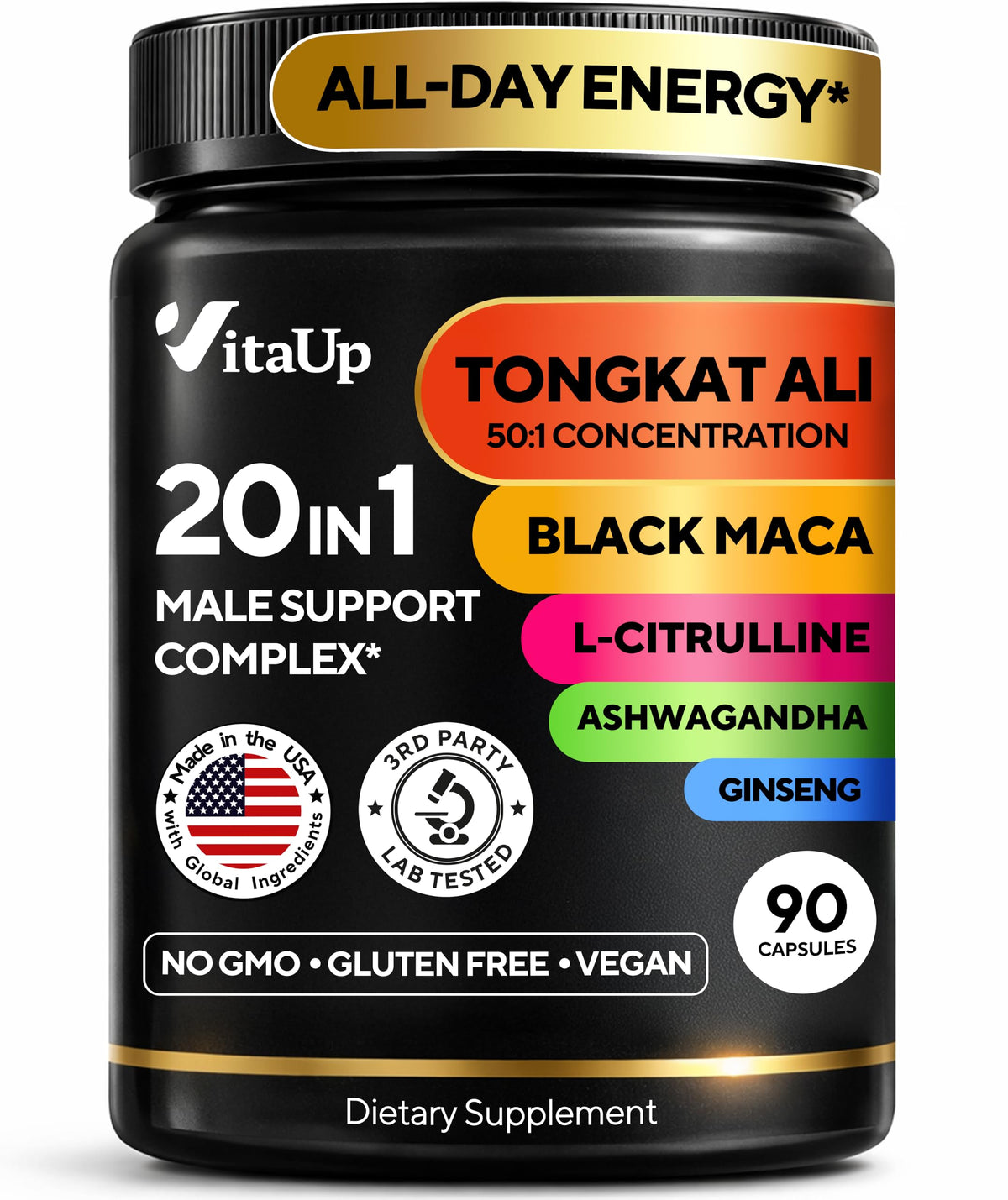 VitaUp Tongkat Ali 20in1 bottle highlights a multi-ingredient vitality blend