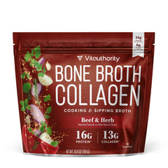 Vitauthority beef bone broth collagen bottle showcases 16g protein per serving for daily nourishment.