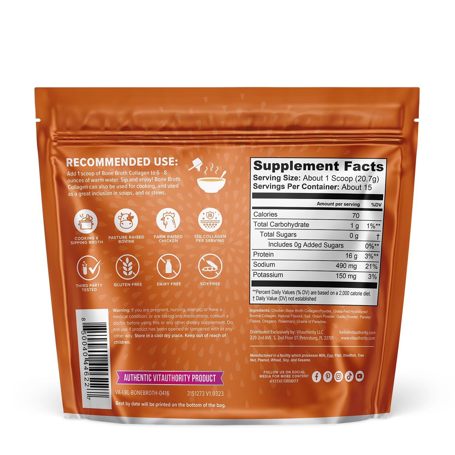 Vitauthority Bone Broth Collagen Chicken Noodle packaging on shelf indicates premium hydration option