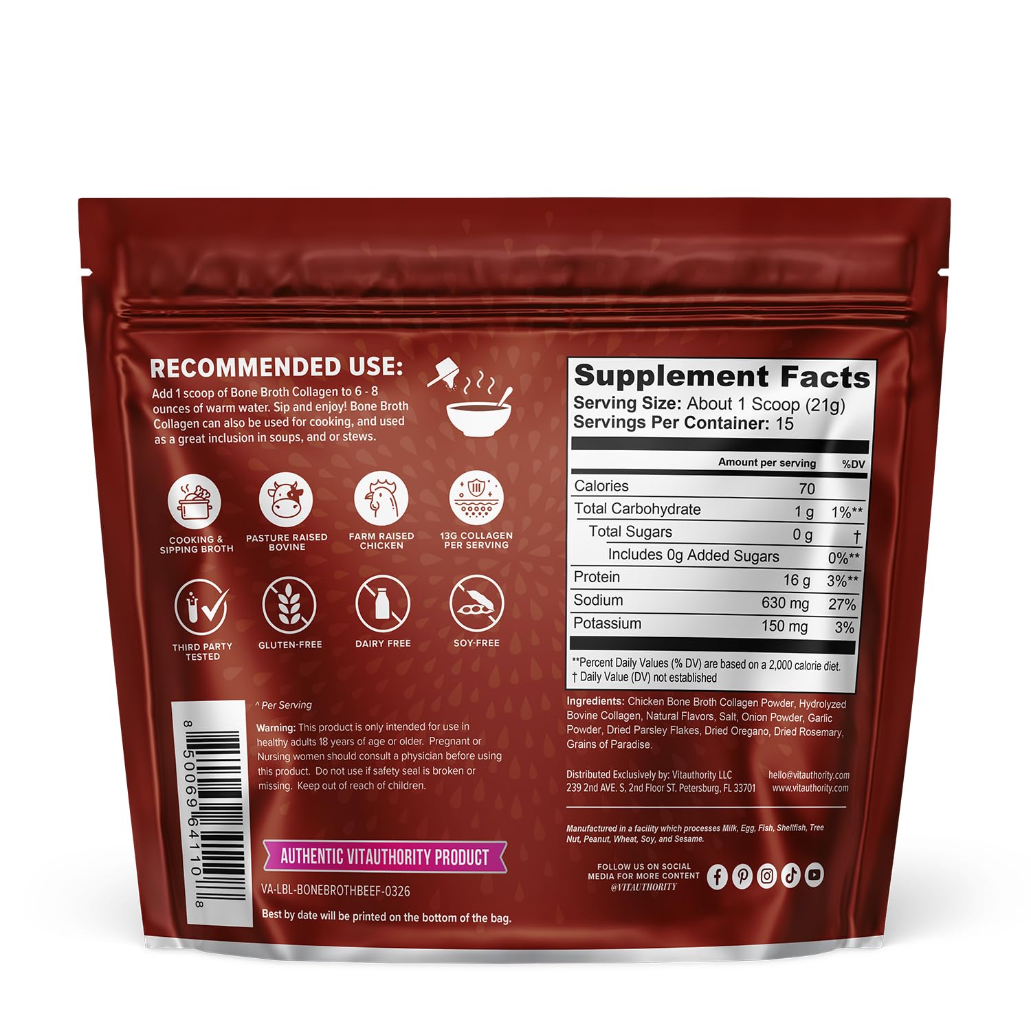 Vitauthority bone broth collagen heat-ready powder adds depth to meals.