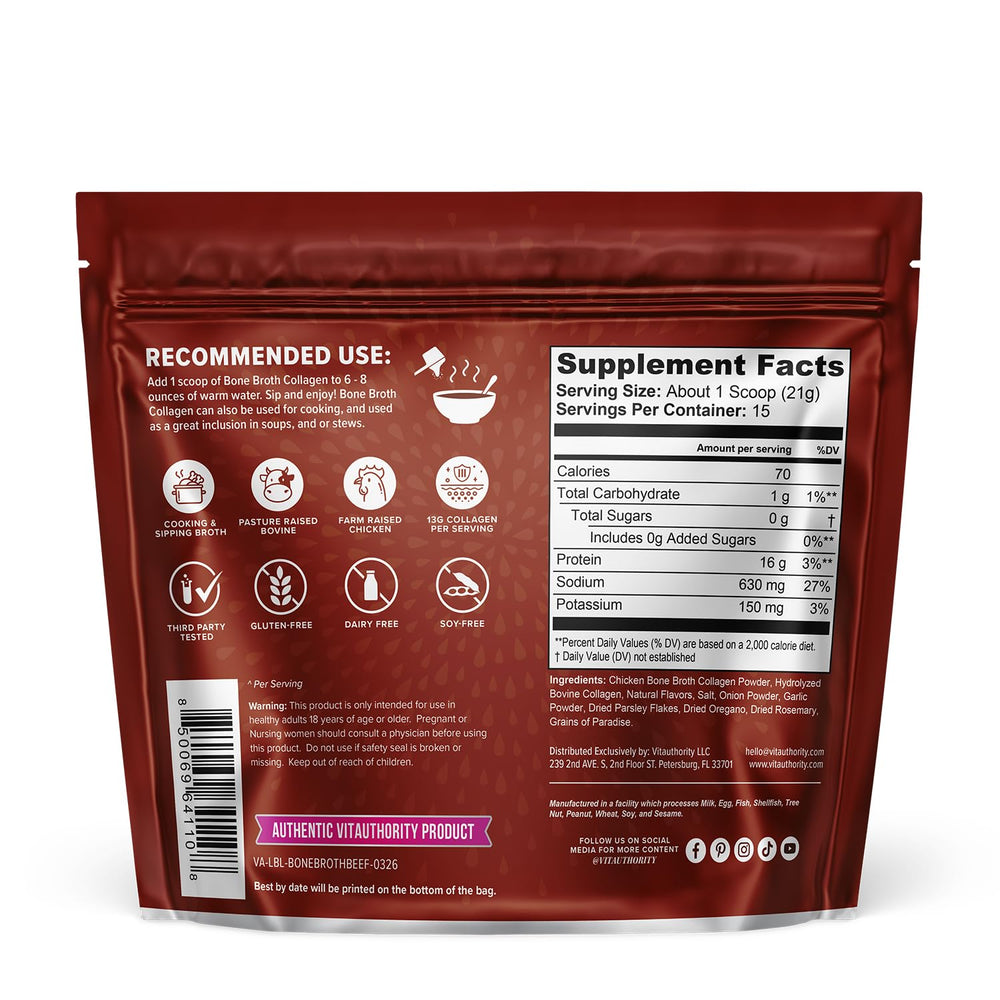 Vitauthority bone broth collagen heat-ready powder adds depth to meals.