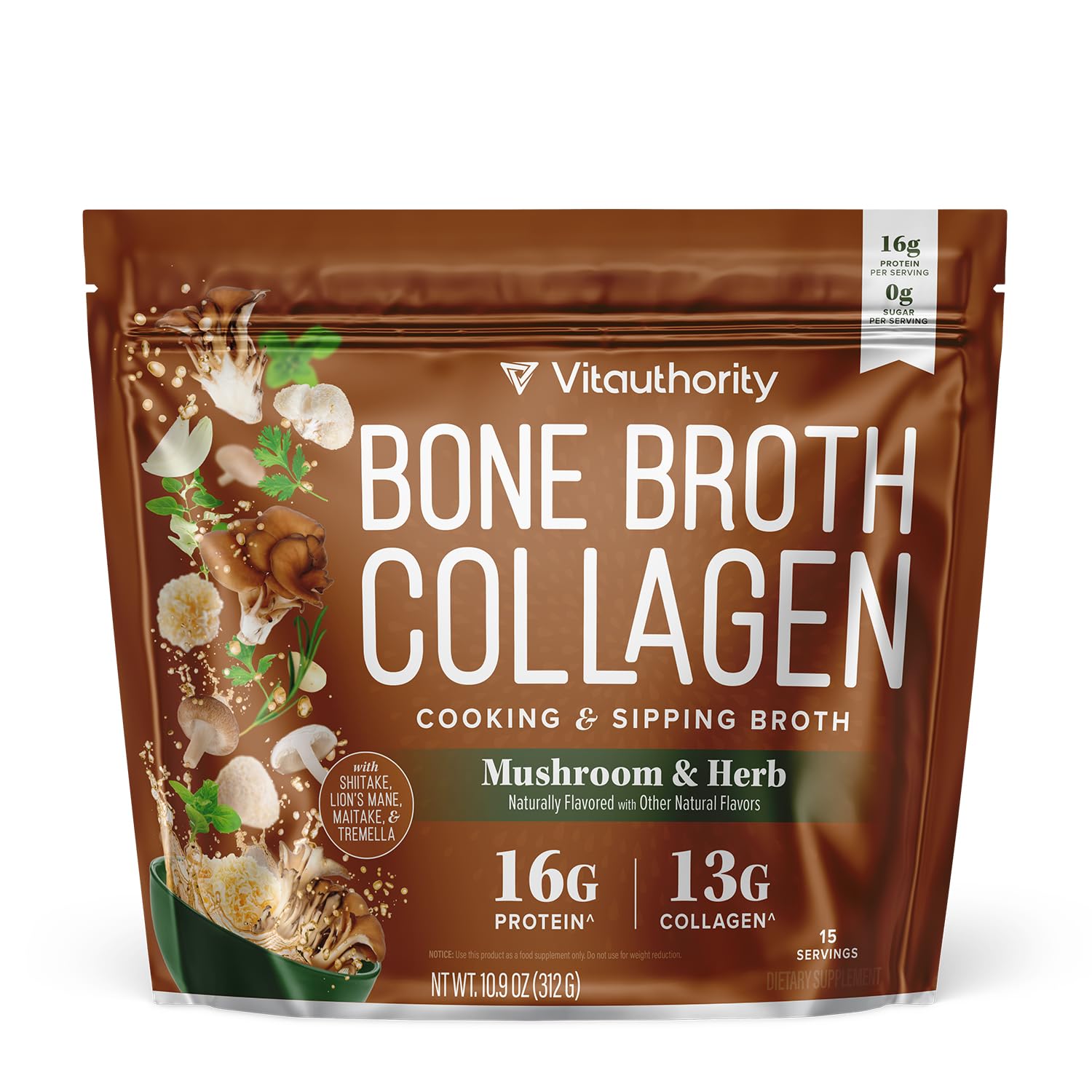 Vitauthority Bone Broth Collagen Powder jar shows 16g protein per serving for joints and skin health.