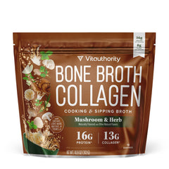 Vitauthority Bone Broth Collagen Powder jar shows 16g protein per serving for joints and skin health.