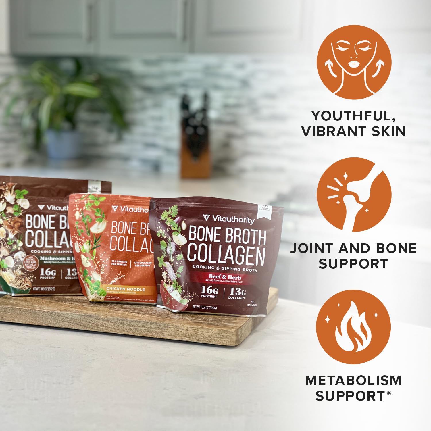 Vitauthority Collagen beverage in a steaming mug for a cozy savory drink.