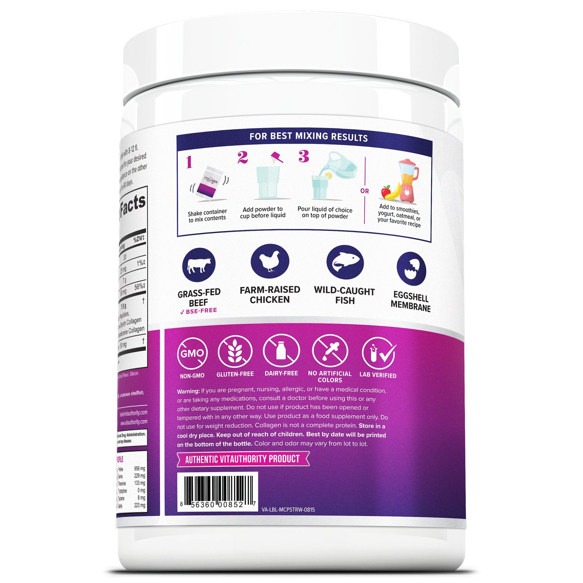 Vitauthority collagen ingredients label highlighting quality sources for consumer trust.