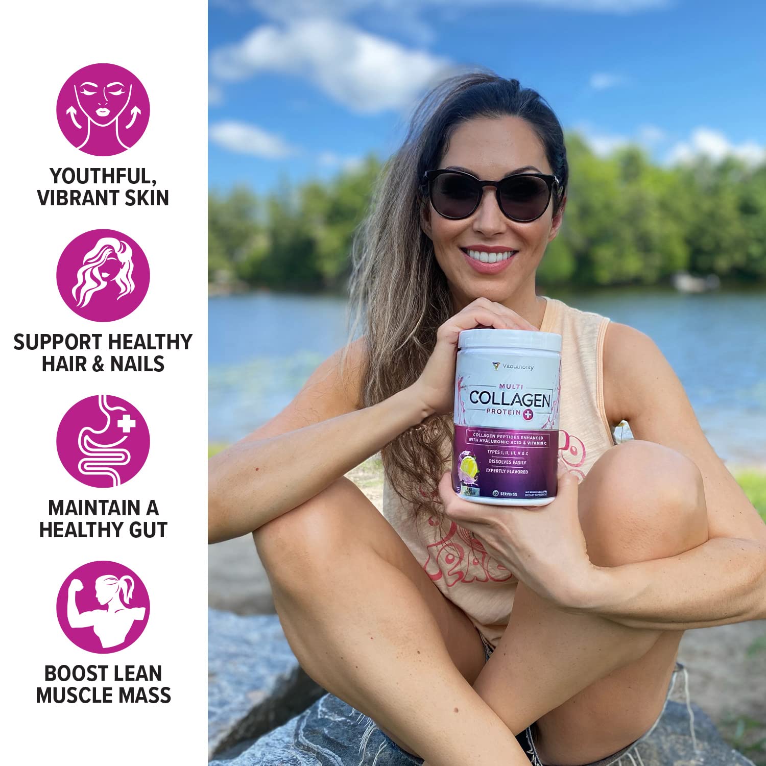Vitauthority collagen powder dissolving in water for smooth texture and easy mixing.
