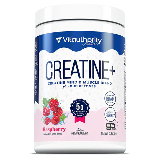 Vitauthority Creatine Monohydrate Raspberry bottle promotes workout support and energy