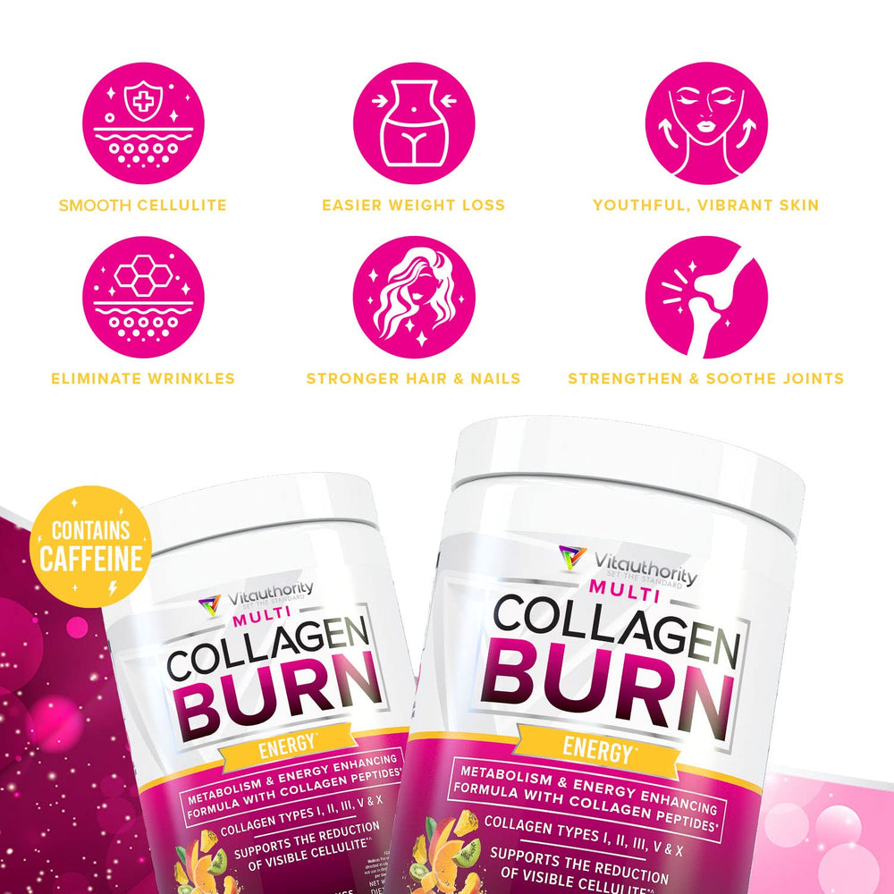 Vitauthority Multi Collagen Burn ingredients panel with hyaluronic acid promoting hydrated skin