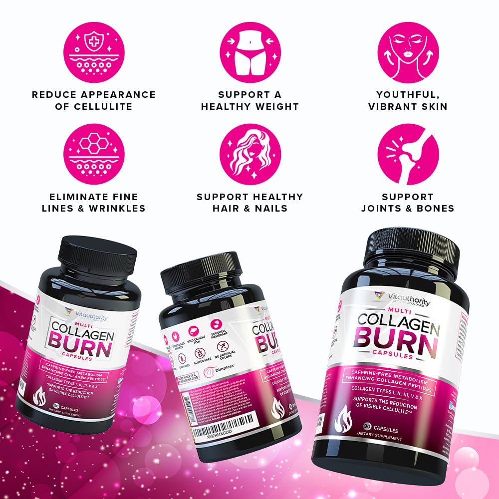 Vitauthority Multi Collagen Burn label emphasizes caffeine-free metabolism support.