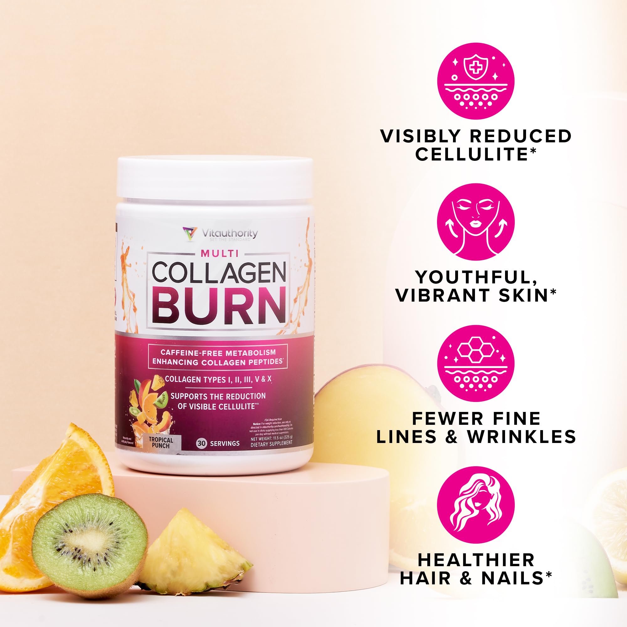 Vitauthority Multi Collagen Burn sod-dimpless on label emphasizes cellulite support