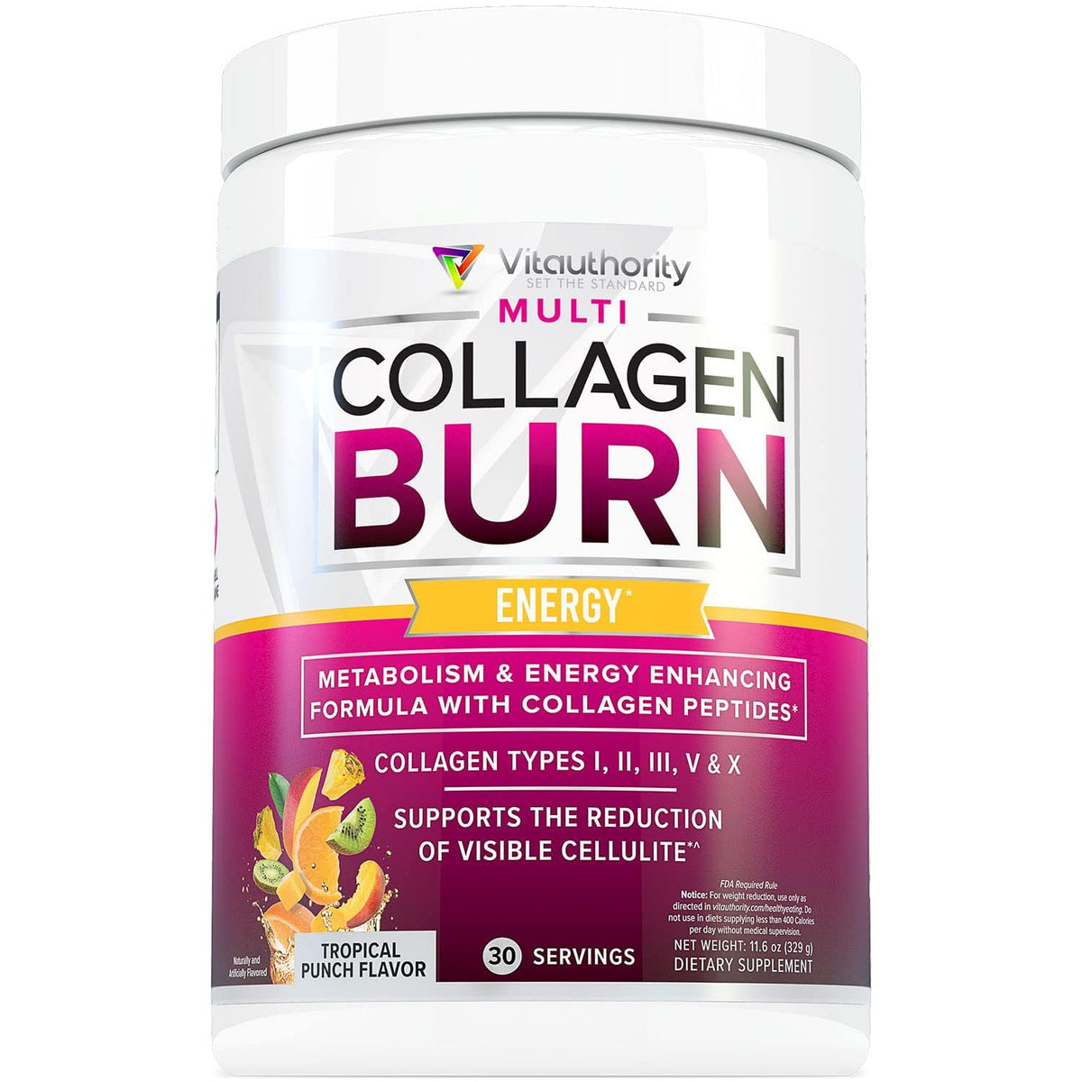 Vitauthority Multi Collagen Burn tropical punch bottle highlighting flavor and energy support