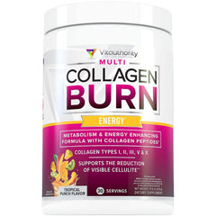 Vitauthority Multi Collagen Burn tropical punch bottle highlighting flavor and energy support