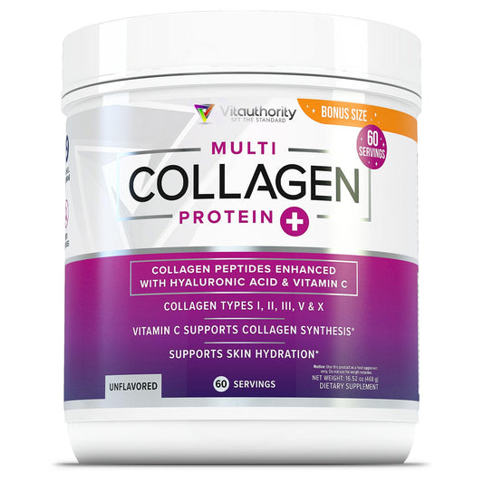 Vitauthority Multi Collagen Powder bottle shown, supports daily beauty routines with premium collagen blend.