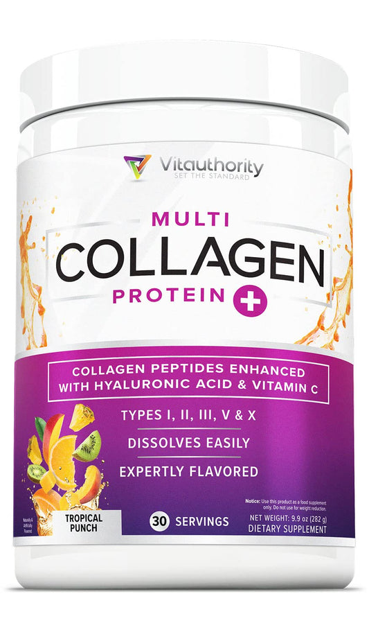 Vitauthority Multi-Collagen Powder Tropical Punch tub for effortless daily mix and tasty routine