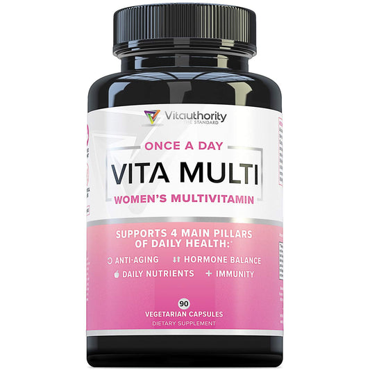 Vitauthority Women’s Multivitamin bottle close-up for daily wellness and reliability.