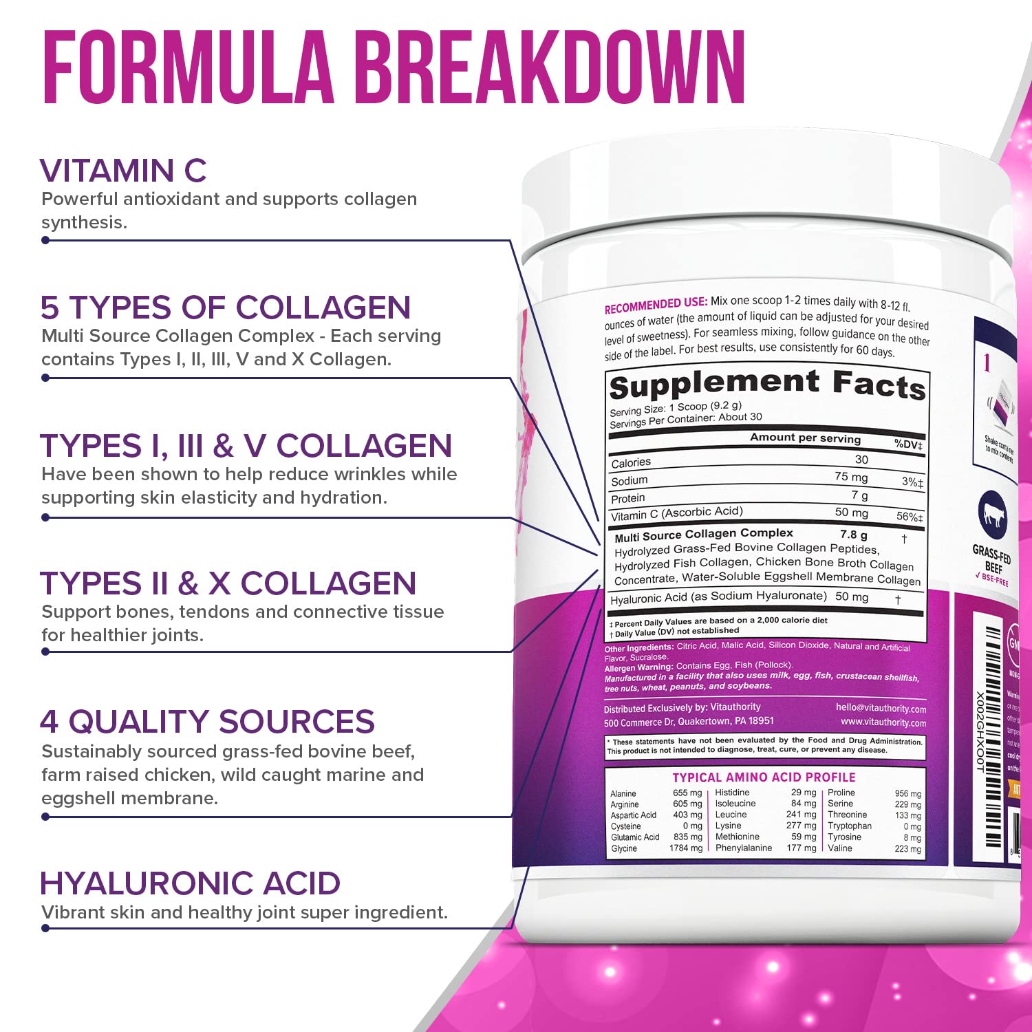 Vitauthority pink lemonade collagen scoop for easy daily servings.