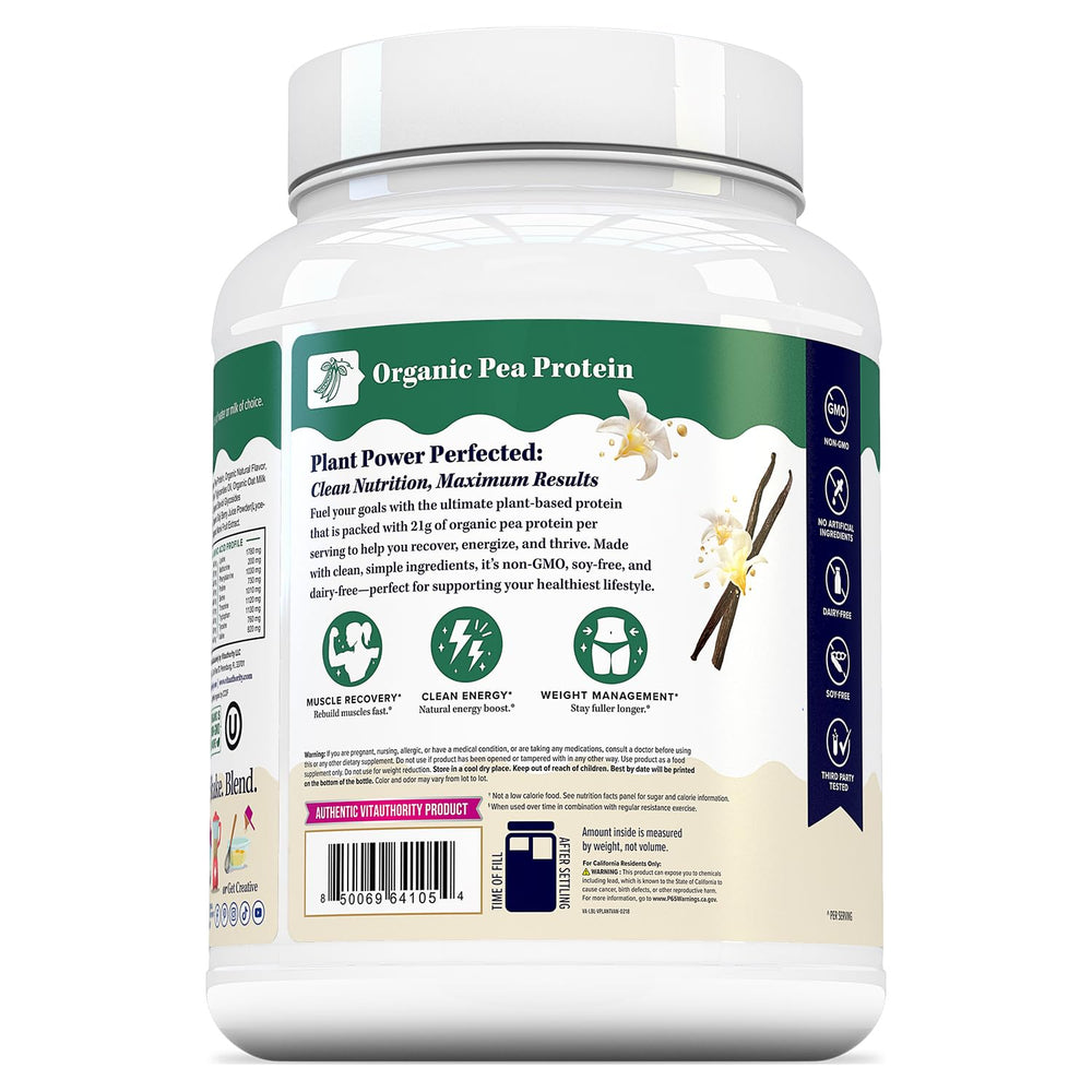 Vitauthority vegan protein powder scoop showcases dairy-free, gluten-free formula.