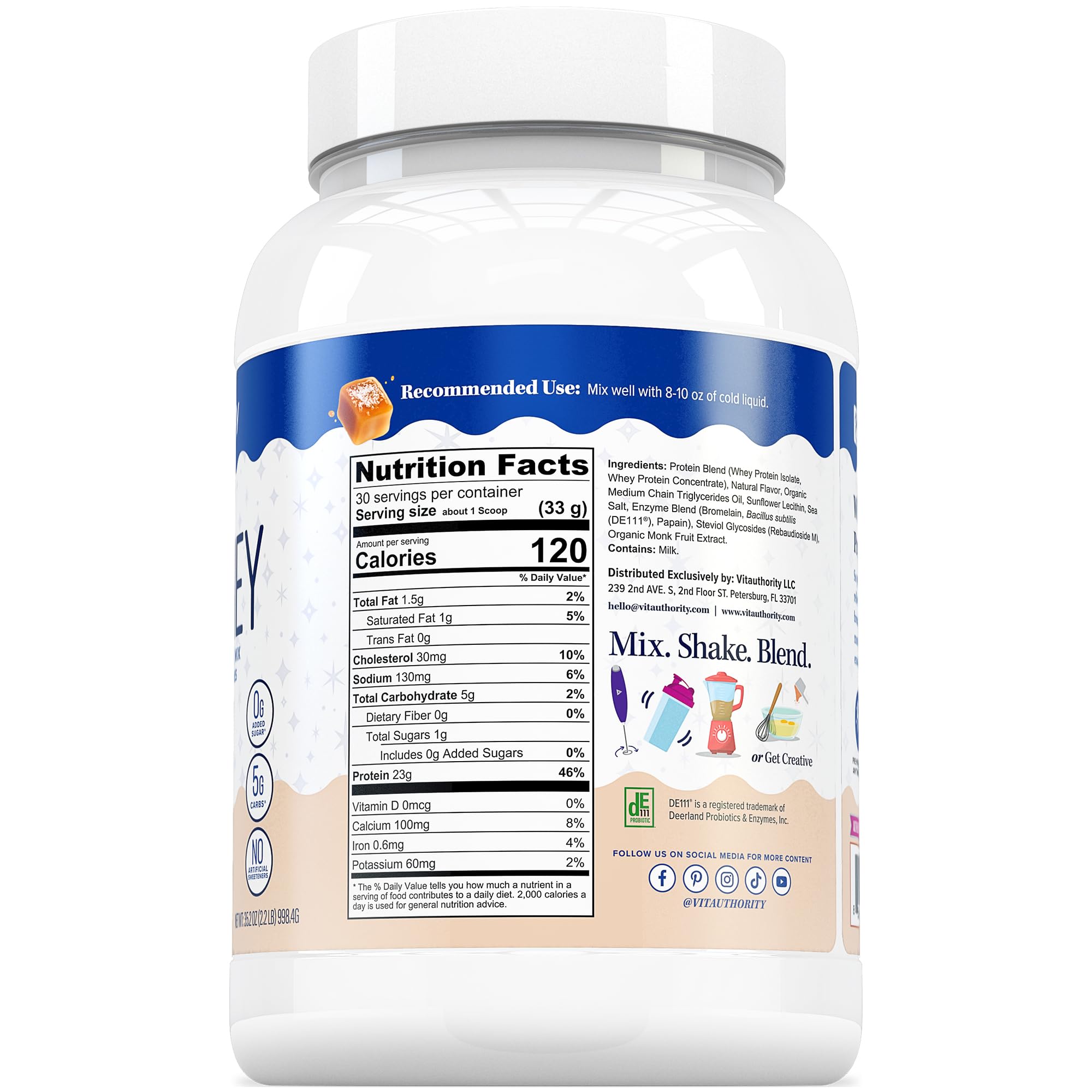 On-shelf Vitauthority whey protein display emphasizing convenient daily nutrition