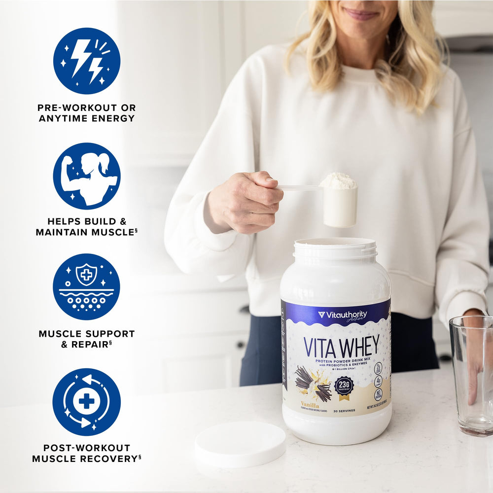 Scoop from Vitauthority Whey Protein for Women shows easy-to-use post-workout serving