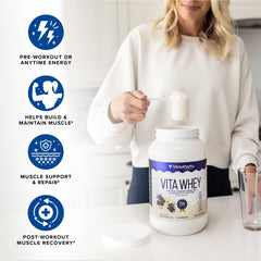 Vitauthority Whey Women vanilla scoop ready to measure for post-workout recovery.