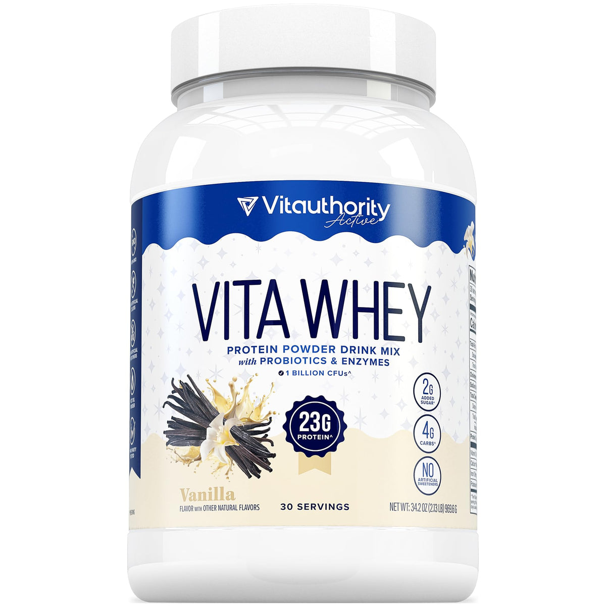 Vitauthority Whey Protein for Women vanilla tub label highlights quality protein for daily nutrition.