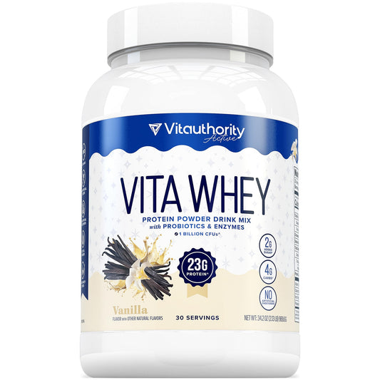 Vitauthority Whey Protein for Women vanilla tub label highlights quality protein for daily nutrition.