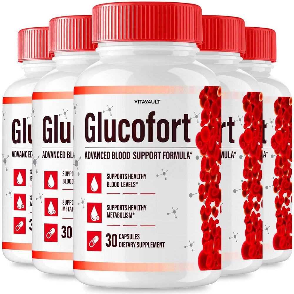 Vitavault Glucofort bottle pour showing easy-to-take capsules for daily support.