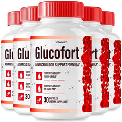 Vitavault Glucofort bottle pour showing easy-to-take capsules for daily support.