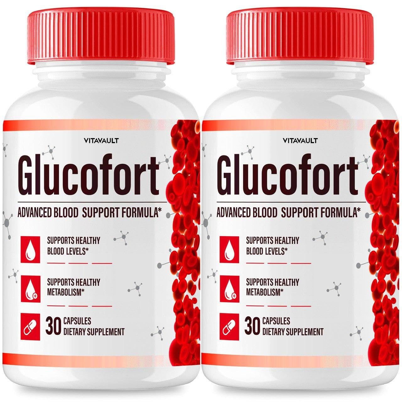 Vitavault Glucofort bottle for convenient daily health support.