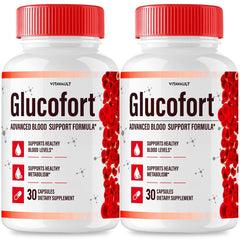 Vitavault Glucofort bottle for convenient daily health support.