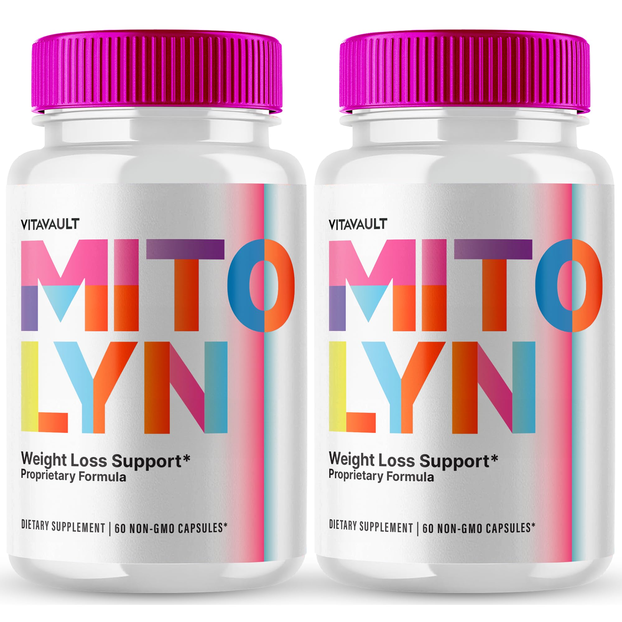 Vitavault Mitolyn capsules bottle pouring for on-the-go energy support.