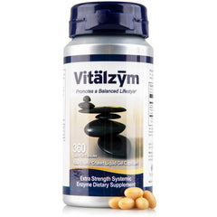 VITÄLZYM bottle with pour of liquid gel capsules for daily wellness.