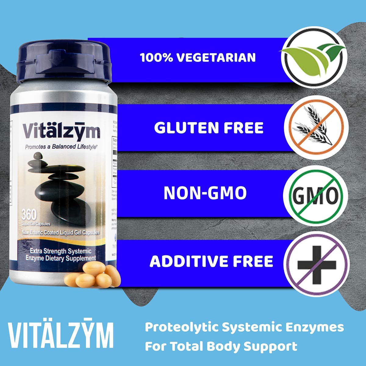 VITÄLZYM label and packaging showing vegetarian, gluten-free features.